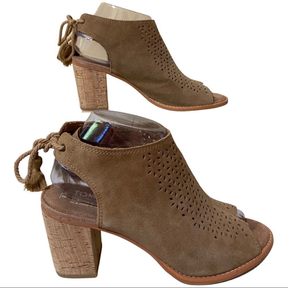 TOMS Tan Elba Suede Perforated Peep Toe Heeled Sandal - Picture 6 of 9